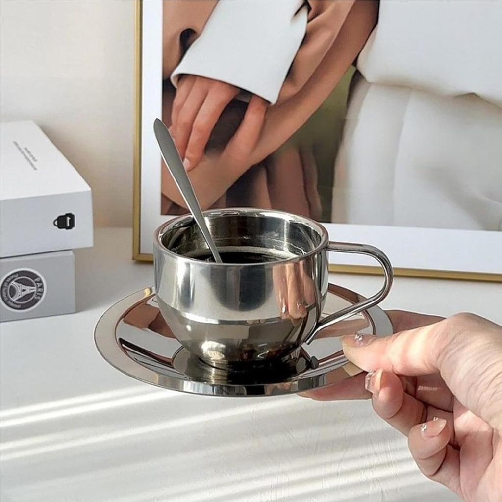 4 Pack Stainless Steel Coffee Cup Set, 6 Oz Coffee Mugs with Spoon and Saucer, Double Walled Espresso Cups Mugs for Coffee, Latte,Tea, Milk
