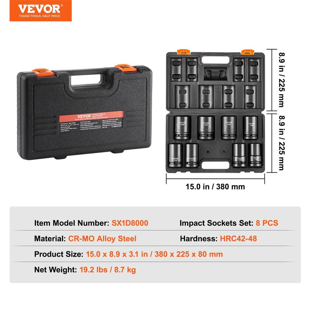 Impact Sockets Set 8pcs 6-Point 1" Drive Bit Ratchet Tool Kit Case