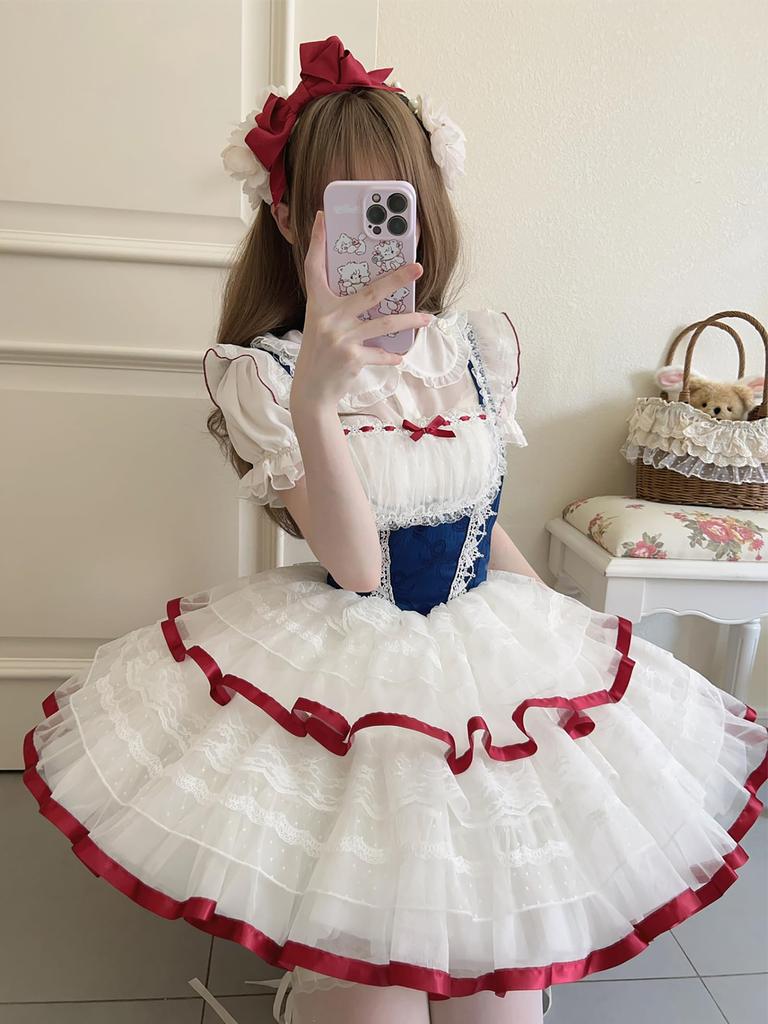 Lolita JSK Jumper Skirt with Dreamy Cute Gothic Lolita Outfit with Ruffles and Mori Idol Light Snow Size M [XHSUKADO] Ribbon, Women's One-Piece Dress,