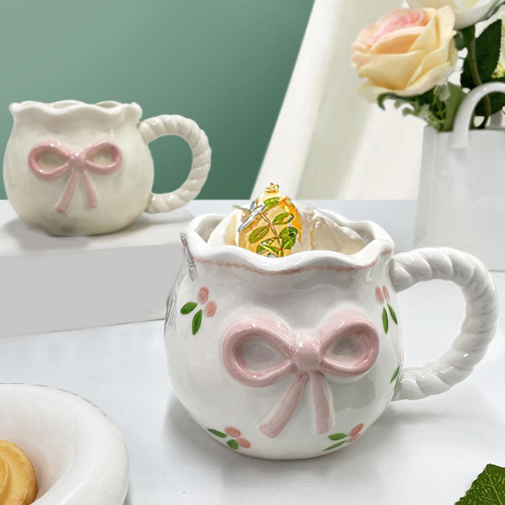 Unique Handcrafted Ceramic Coffee Mug With Bows Accent Water Drinking Cup Kitchen Dining Decoration For Daily Use