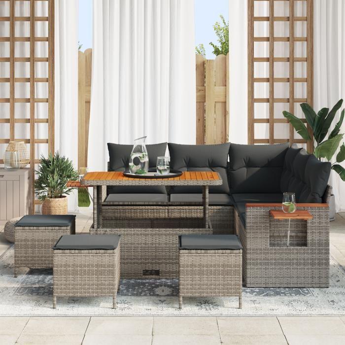 Set de Canapé de Jardin 9 Pièces avec Coussins Gris Poly Rattan Acacia, Ensemble de Salle à Manger 4 Pièces de Jardin 3363183