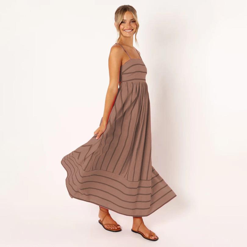Women Spring Sleeveless Striped Slim Suspender Camisole Dress Summer Casual Ankle-Length Backless High Waist Loose Dresses S-XL