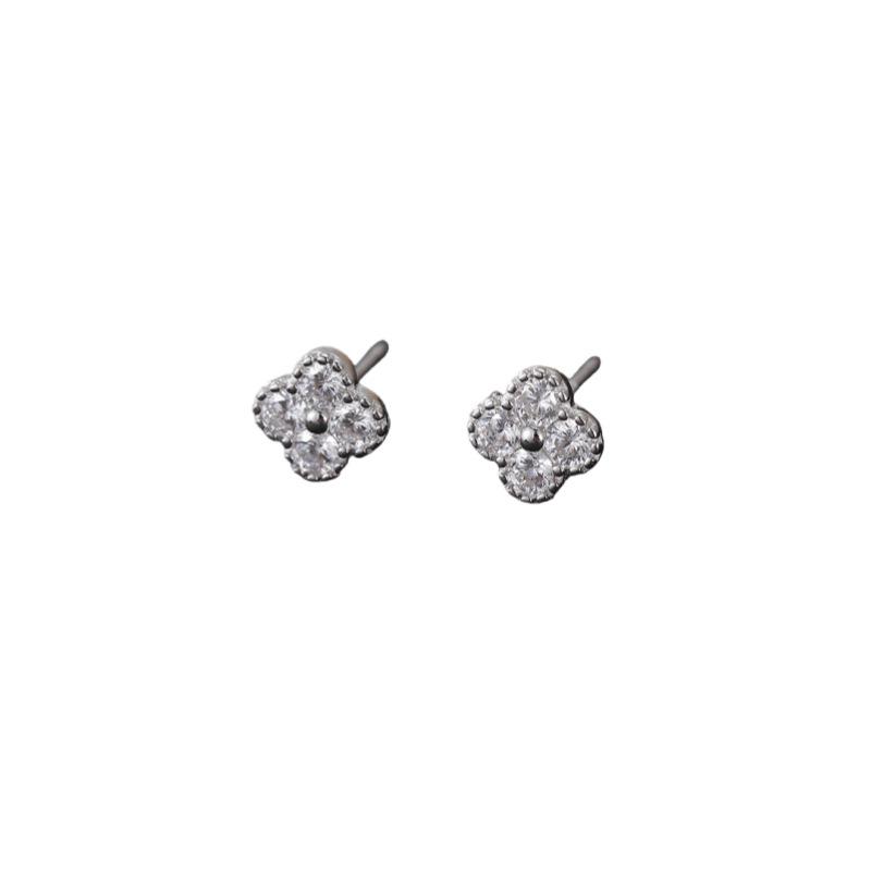Korean Style Four-Leaf Clover Zircon Stud Earrings in S925 Sterling Silver & 18K Gold