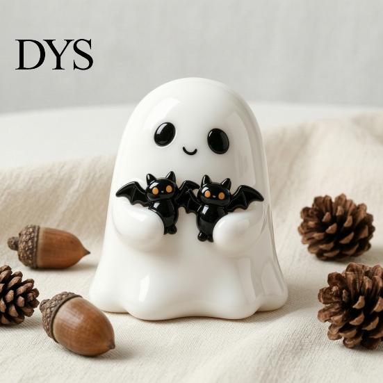 Waterproof Ghost Figurine for Outdoor Courtyard Halloween Figurine, Cute White Statue with Bats, Decoration Resin Ornament Home Mantel Tabletop Decor