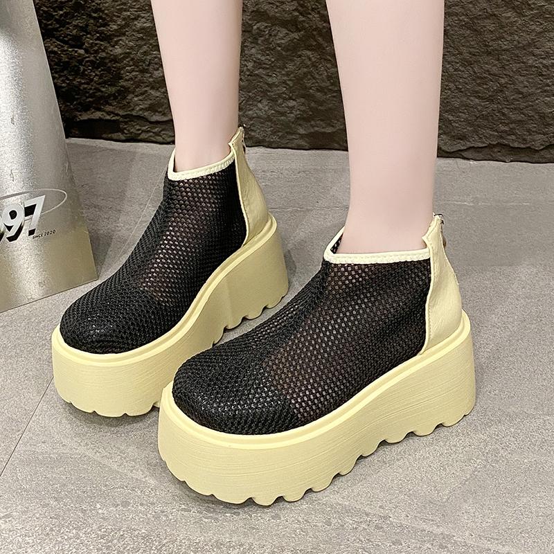 Mote Høye Hæler Kule Støvletter Sommer Ny Rund Tå Mesh Stoff Pustende Bakglidelås Vanntett Plattform Sklisikre Kilehæler