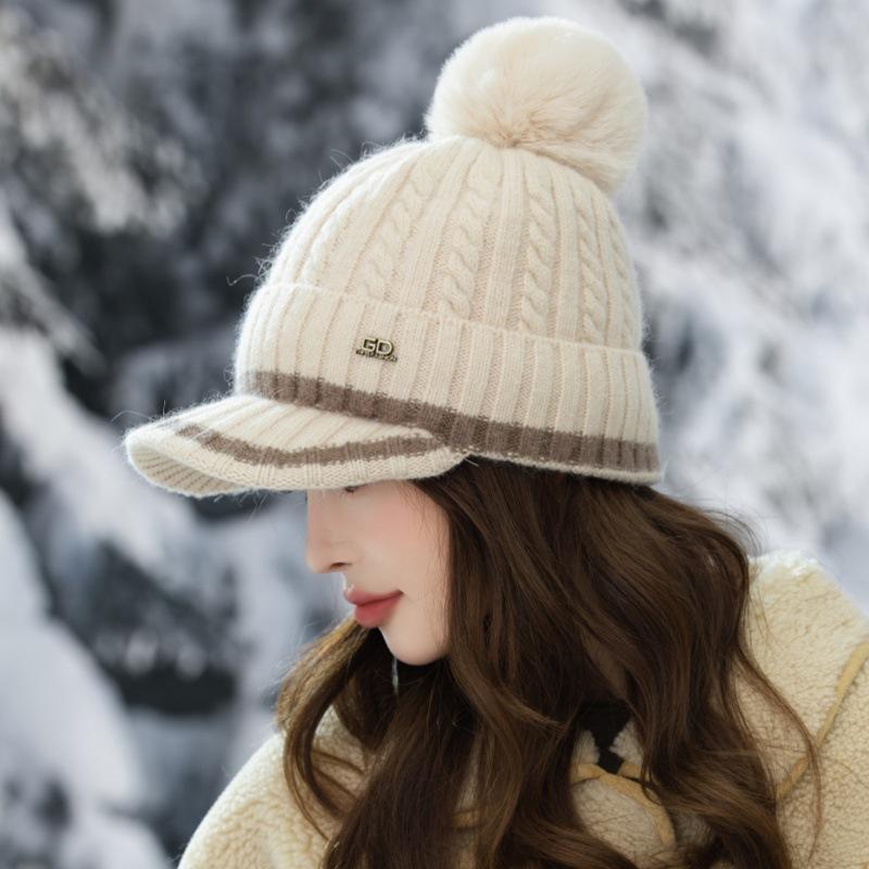Czapka dziergana z pomponem, Gruba ciepła czapka z polaru, Wełniana czapka rekreacyjna na zewnątrz, Damska zimowa wełniana czapka dziergana, Wiatroodporna czapka podróżna na zewnątrz