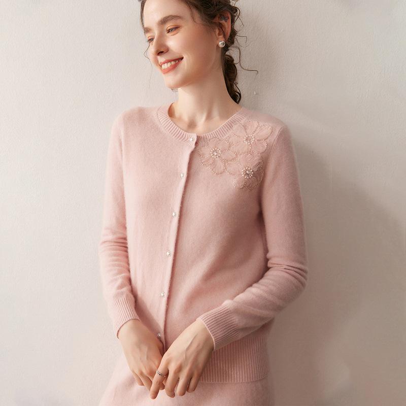 2025 Cashmere Women's Round Neck Cardigan - Pearl Flower Jacquard Design
