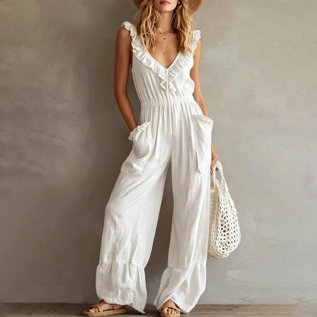 Women's Sleeveless V Neck Jumpsuit with Zipper Front Pockets Ruffle Details Wide Leg Casual Vintage Style Romper