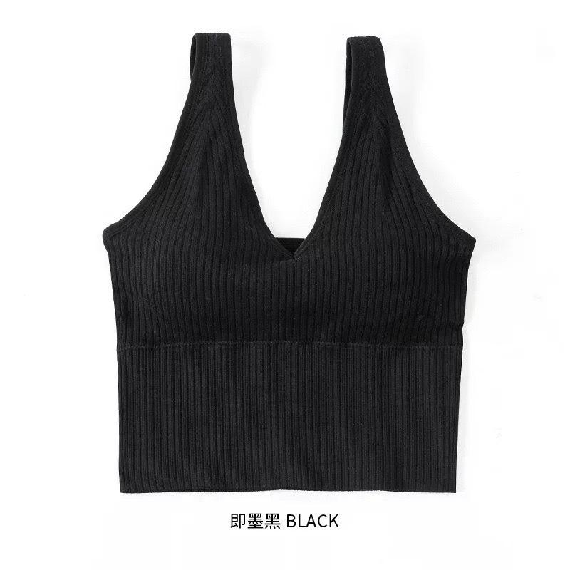 Dark Gray Ribbed Knit Camisole Bra with Built-in Pads and V Neck onesize чёрный