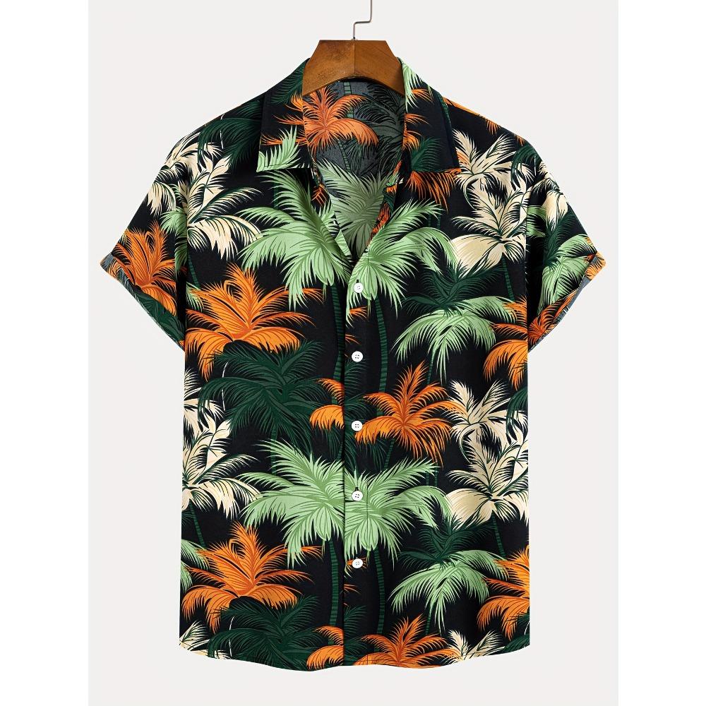 Tropical Coconut Tree Pattern Men's Short Sleeve Button Down Lapel Shirt For Summer Resort Holiday Hawaiian Style Oversized Tops