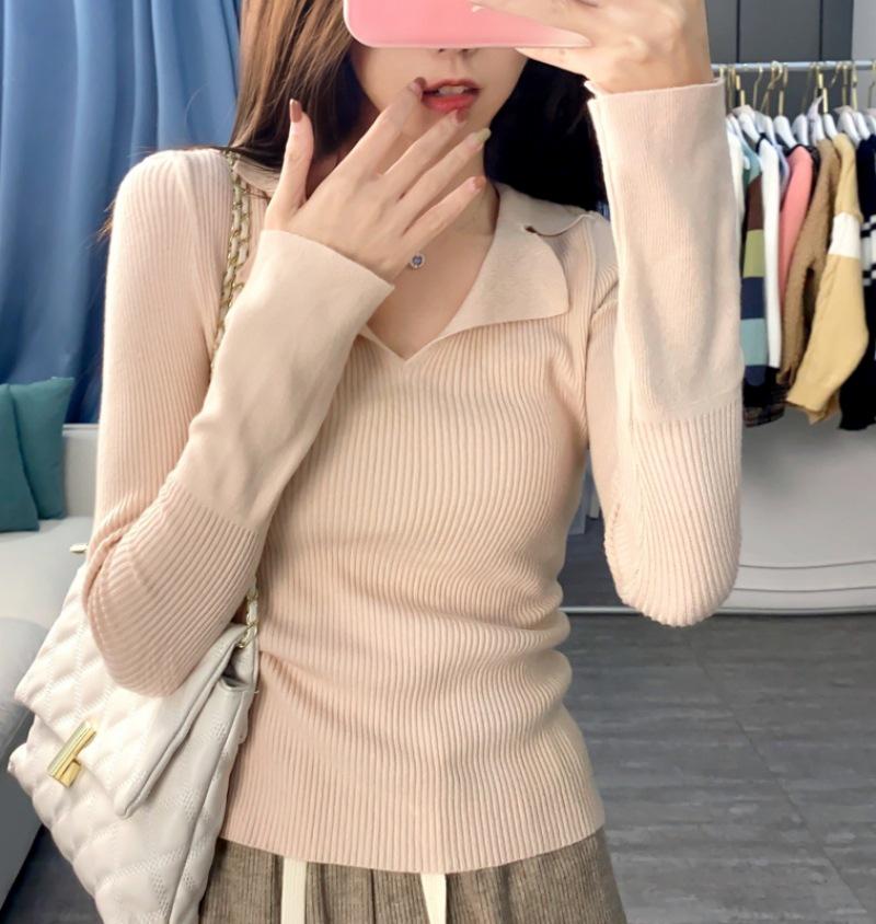 Milk Apricot V-Neck Knitted Sweater for Women - Spring Slim Fit 2025, Sweet & Spicy Polo Neck, Long-Sleeved Top, Bottoming Shirt