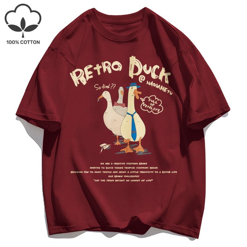 Retro Duck Print Mens T-Shirts Loose Cotton Breathable Short Sleeve Trendy All-Match Clothes Summer Soft Unisex Basics Top