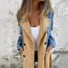 Mid Length Lady Overcoat Women Spring Fall Coat Denim Jacket Double Breasted Colorblock Patchwork with Flap Pockets