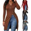 Women's Solid Color Long Sleeve Zip V Neck High Slit Long Ribbed Shirt