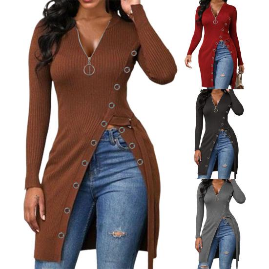 Women's Solid Color Long Sleeve Zip V Neck High Slit Long Ribbed Shirt