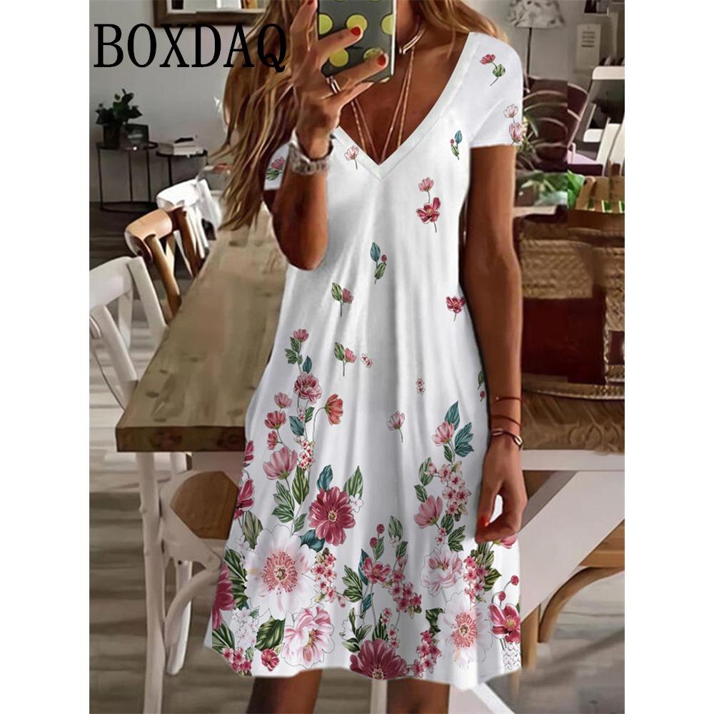 Women's Sundress Midi Dress Short Sleeve Floral Print Summer Casual V Neck Loose Dresses Plus Size 2024 Female Clothing Vestidos