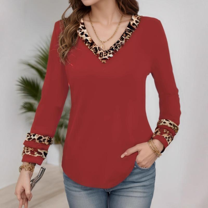 New Elegant Contrasting Color Printed V-neck Long-sleeved Top Summer T-shirt for Women