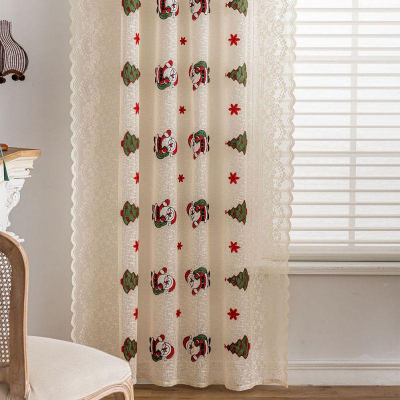 2pcs Christmas Embroidery Curtains Translucent Lace Curtains Rod Through Curtain