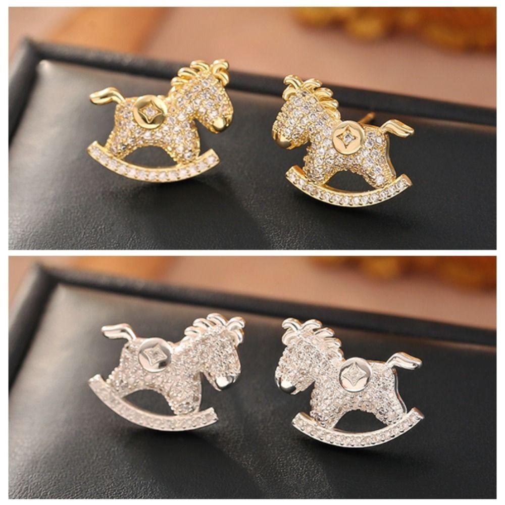 Chinese Style Crystal Zodiac Pony Earrings Cartoon New Year Ear Studs  New Year Gift