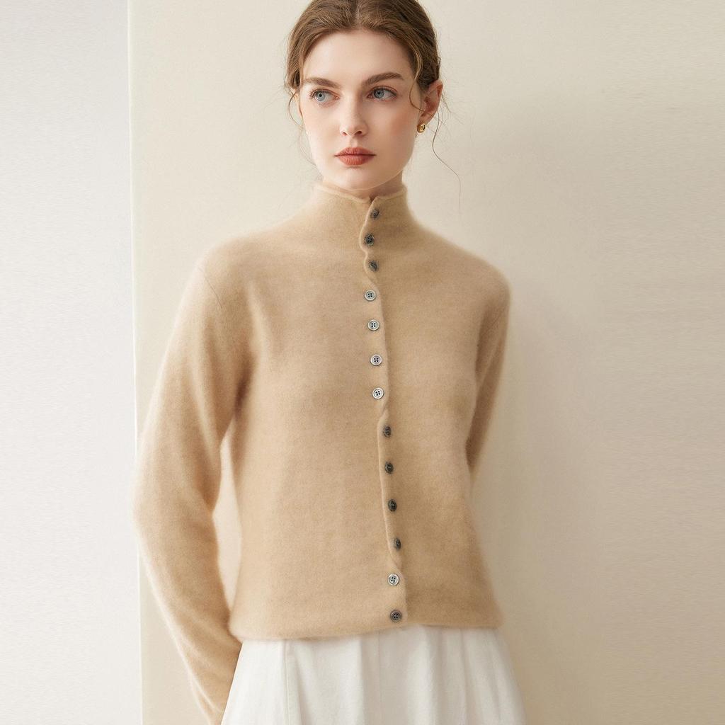 Women's Pure Cashmere Single-Breasted Sweater - Winter 2026, Solid Color, Gentle Style, Loose Fit, Slimming Design