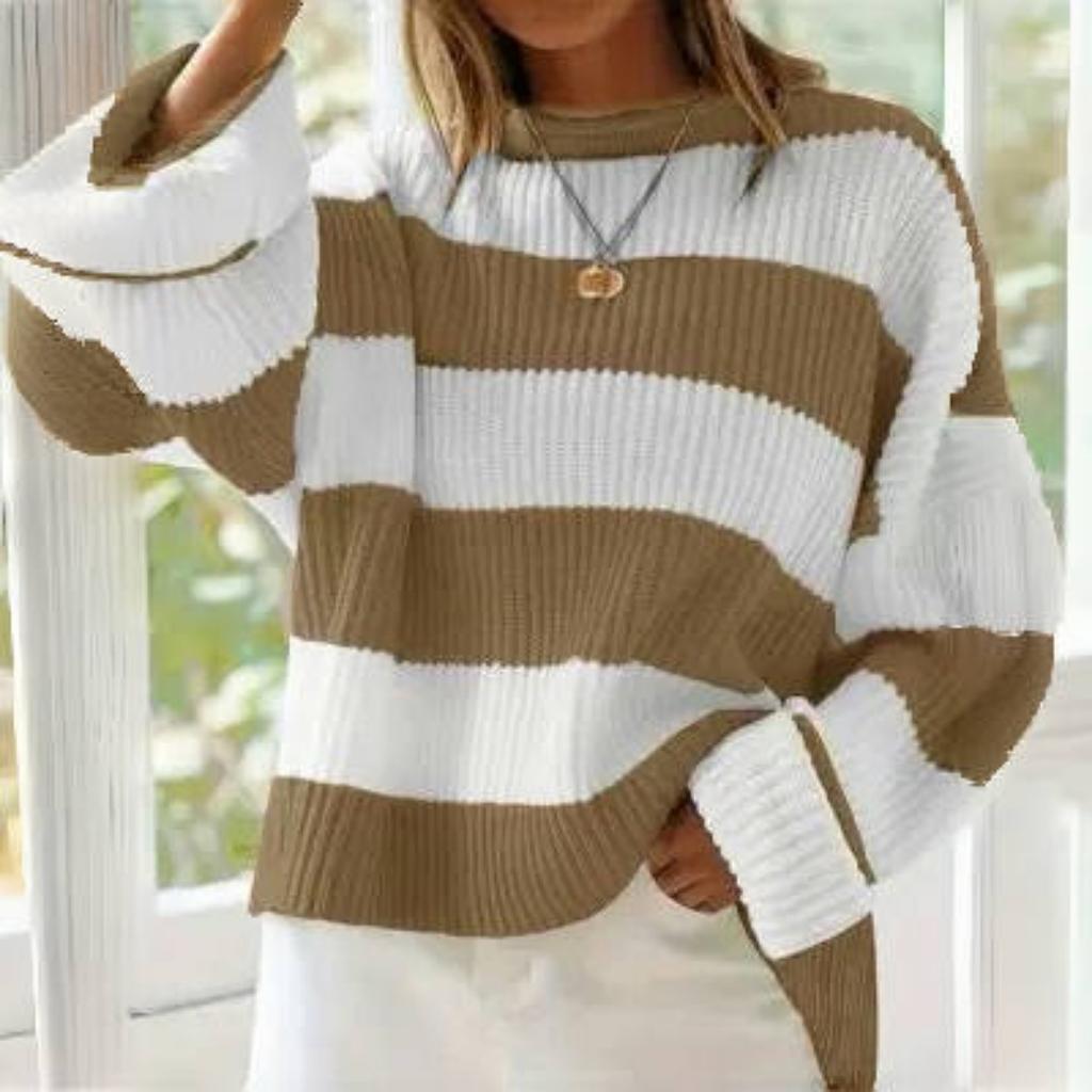 2KWEIRD Rundhals Langarm Gestreifter Pullover für Damen Mode Glockenärmel Locker Gestrickte Pullover Y2k Preppy-Stil