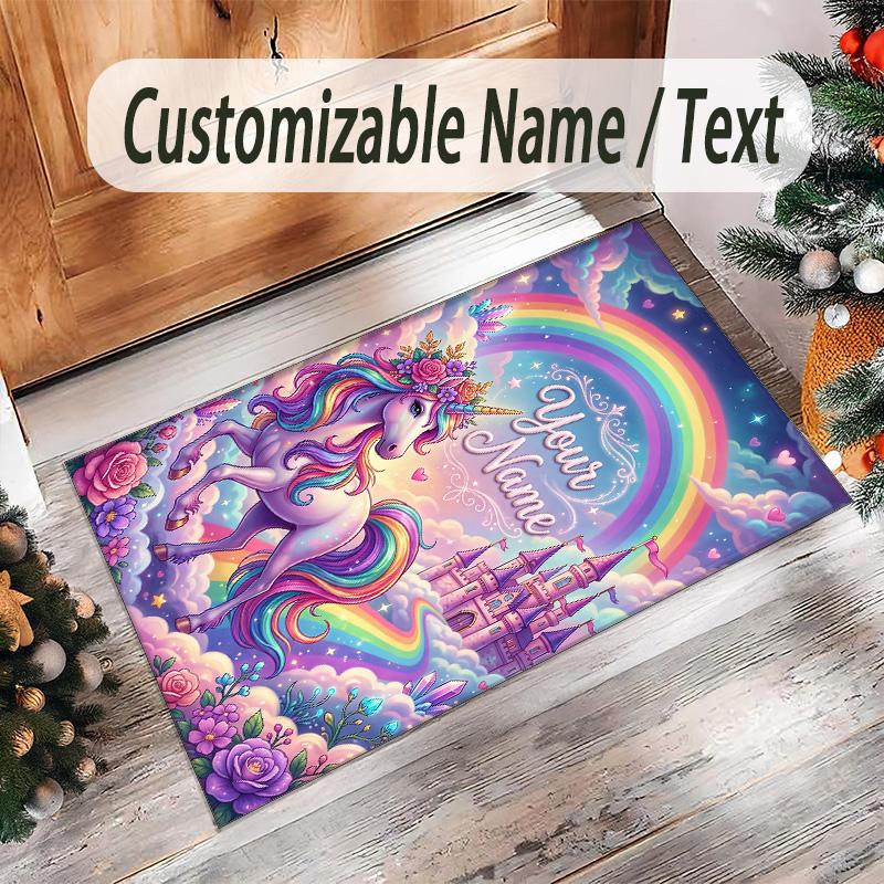 Alfombra de Suelo de Terciopelo de Cristal con Temática de Unicornio, Alfombra Cálida Personalizada con Nombre y Texto, Decoración del Hogar