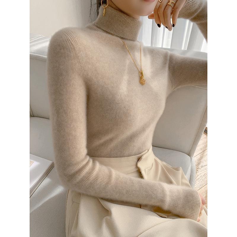 Women's Slim Fit Wool & Cashmere High Neck Sweater - Seamless, Solid Color for Autumn/Winter.
