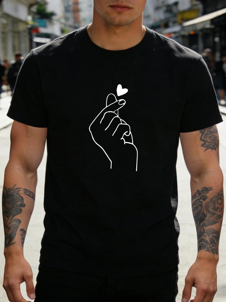 Unisex Cotton Short Sleeve Crew Neck Tee Minimal Finger Heart Sketch RoUnisextic Print Gift For Boyfriend Casual Summer Daily Top