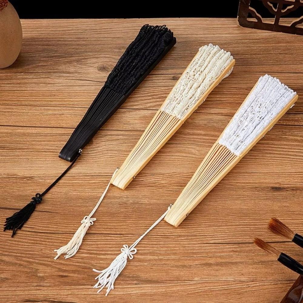 Hollow Ribs Vintage Lace Hand Fan Tassel Pendant Dance Handheld  Fan  Photo Props