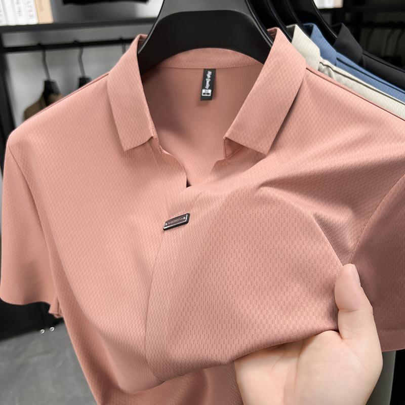 

Advanced silky short sleeve polo shirt luxury brand personality plaid pattern buttonless design men s fashion cool lapel T-shirt 4XL