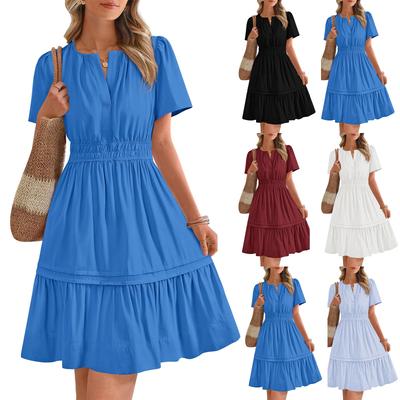 Women Short Sleeve V Neck Casual Dress Elastic Waist Tiered Skirt Loose Fit Summer Lightweight Midi Dress