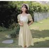 2026 Summer New French Temperament Medium and Long Square Collar Design Sense Niche Elastic Waist Thin Dress Women