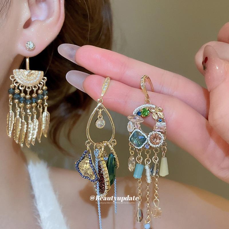 French retro super flash diamond-encrusted crystal fringed pendant long ear hook court style earrings light luxury high-end earrings