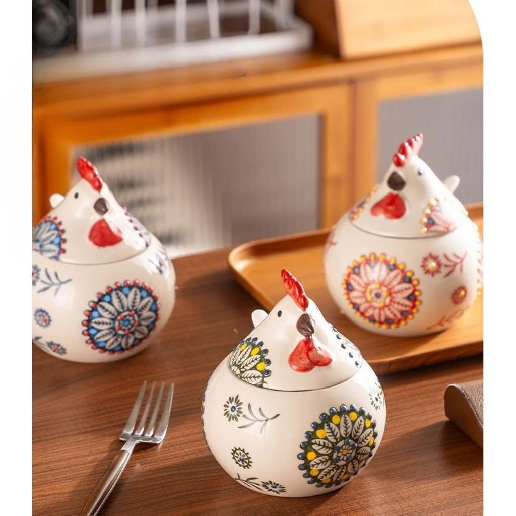 Roztomilá minimalistická kořenka na kuře Kreativní domácí keramická s víčkem lžičkou Podglazurová ručně malovaná Vlhkostivzdorná
