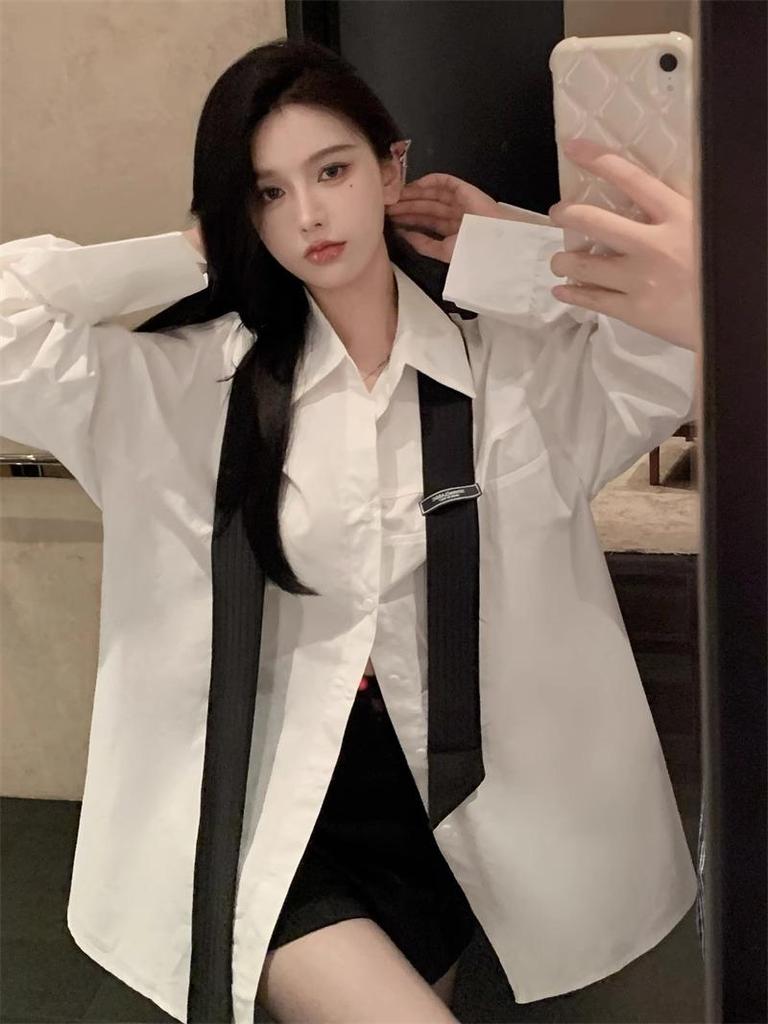 Women's White Tie Long Sleeve Mid-Length Casual Shirt – Spring/Autumn Loose Style