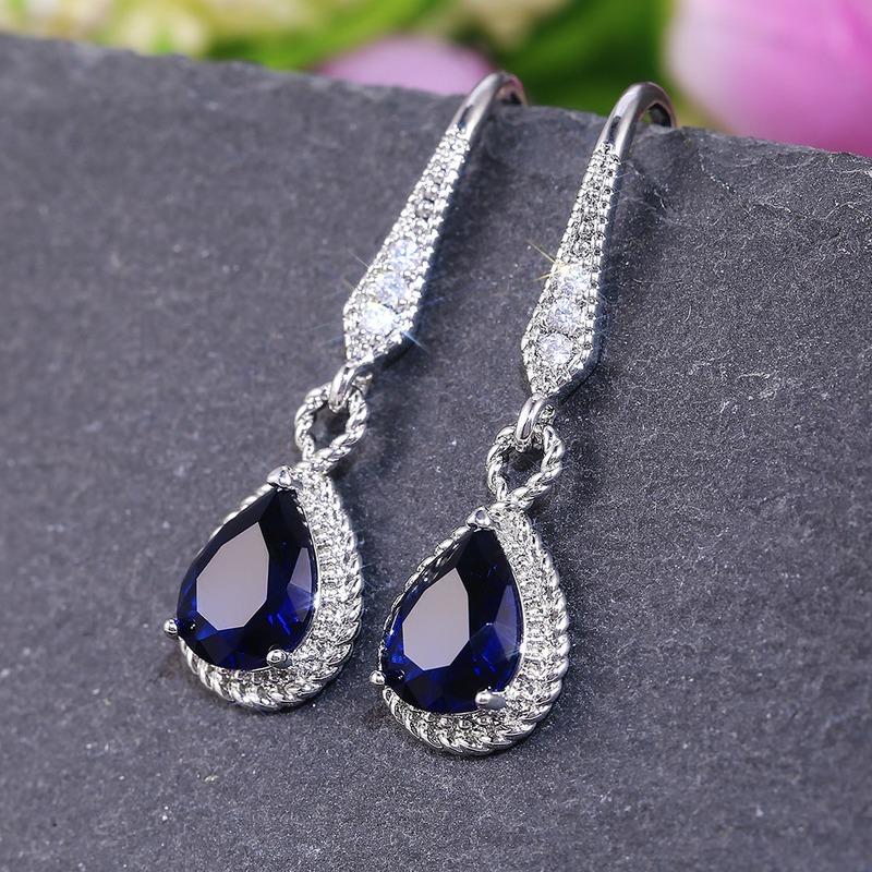 Elegant Dangle Earring for Women High Quality Silver Color Inlaid Blue Water Drop Shape Cubic Zirconia Classic Jewelry