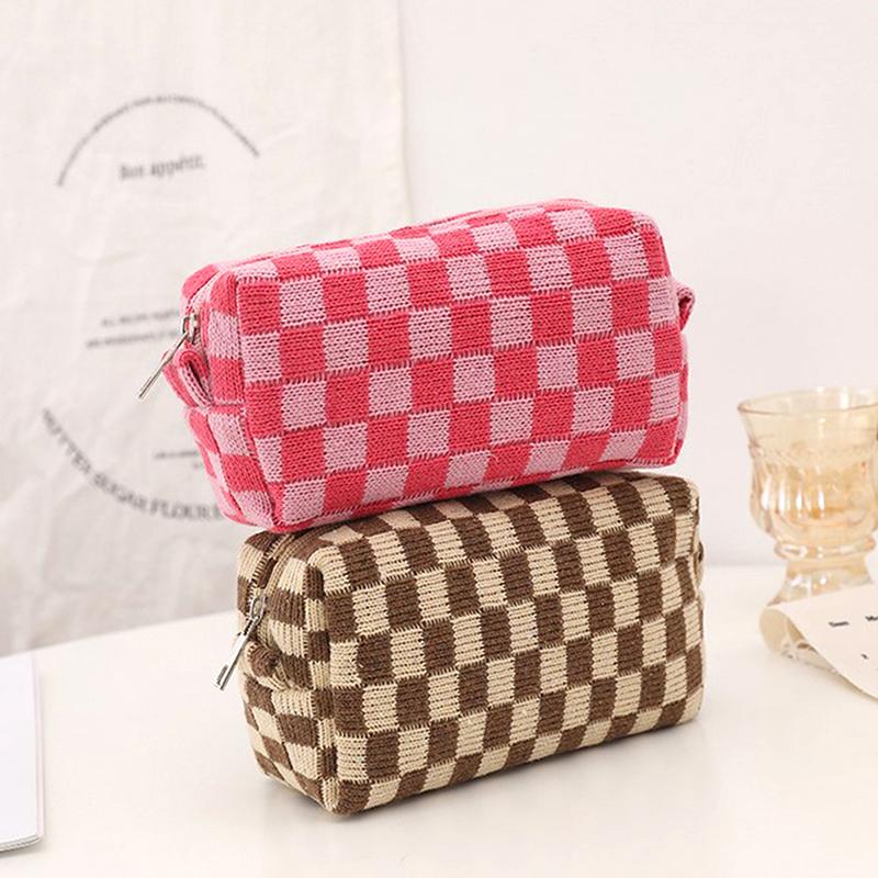Ins Checkerboard Knitted Pencil Case Big Capacity Pen Bag Zipper Stationary