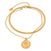 Trendy 18K Gold-Plated Double Layer Portrait Anklet with Round Pendant for Women