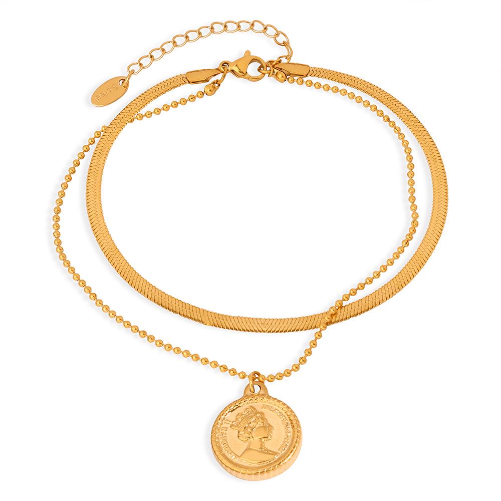 Trendy 18K Gold-Plated Double Layer Portrait Anklet with Round Pendant for Women