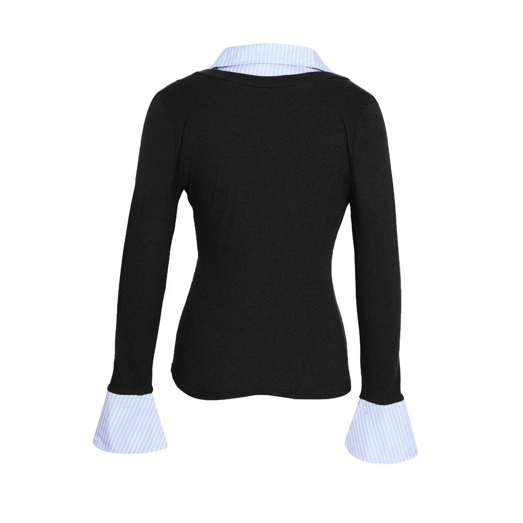 Women's Fashion Casual Splicing Fake Two-piece V-neck Long-sleeved Knitted Shirt