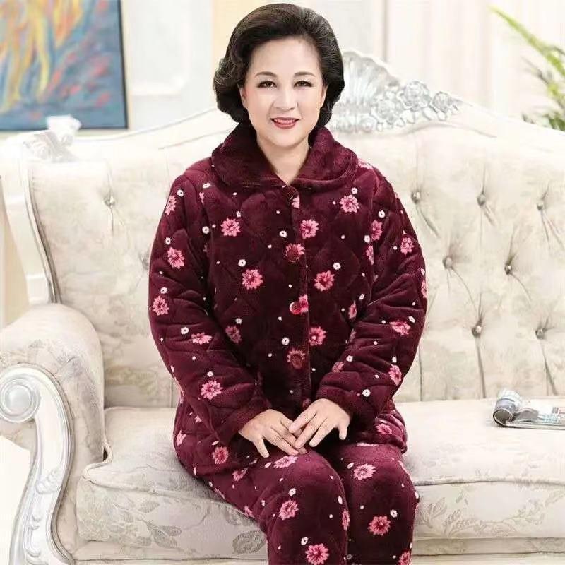 Winter padded pajamas three-layer thickened coral fleece loungewear women's plus size pajamas set
