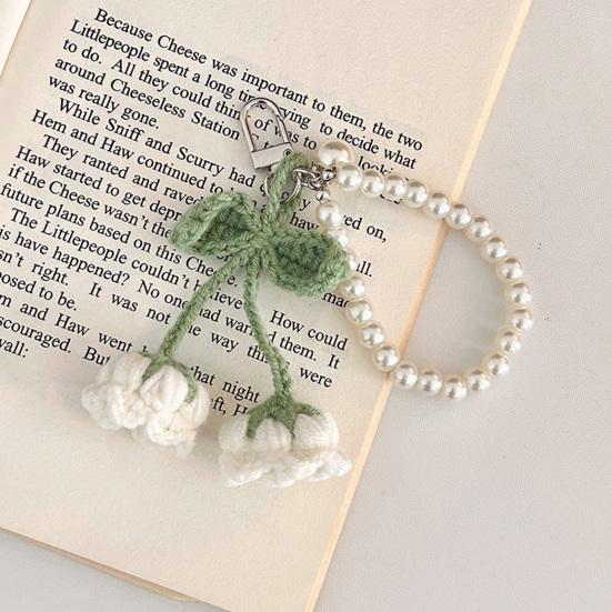 Crochet Flower Keychain Handmade Flower Fruit Bag Charm Cute Keychain Pendant with Faux Pearl Chain Accessory for Girls Women Keys Backpack