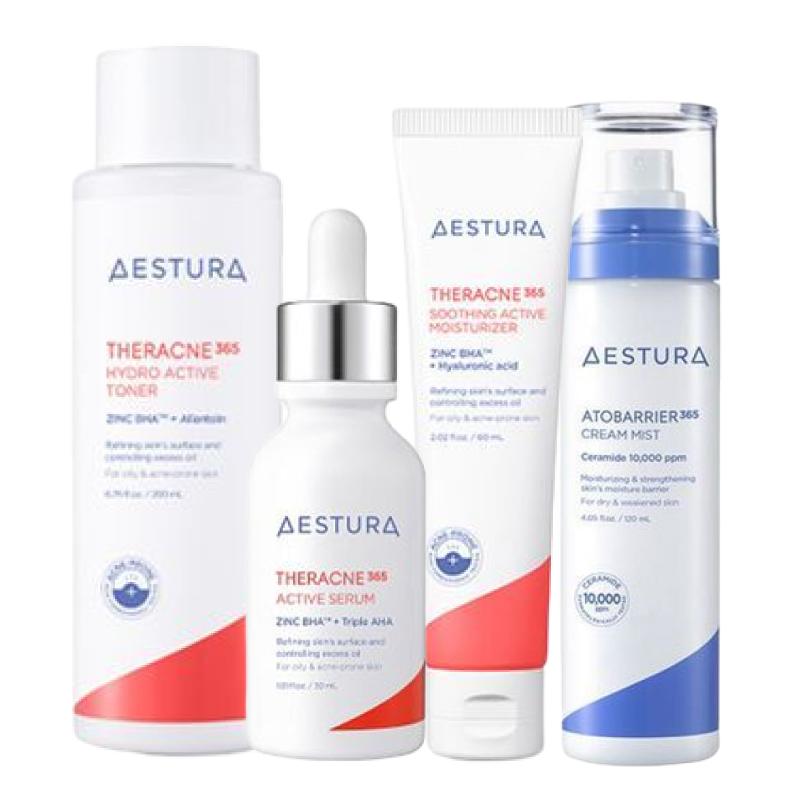AESTURA Theracne365 Acne Care Skincare Set (Hydro Active Toner 200ml + Active Serum 30ml + Moisturizer 60ml + Atobarrier365 Cream Mist 120ml)