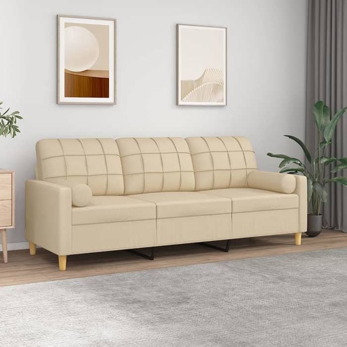 VidaXL Canapé 3 places avec oreillers décoratifs crème 180 cm tissu, canapé, canapé de salon, canapé 3 places en tissu, 3200792