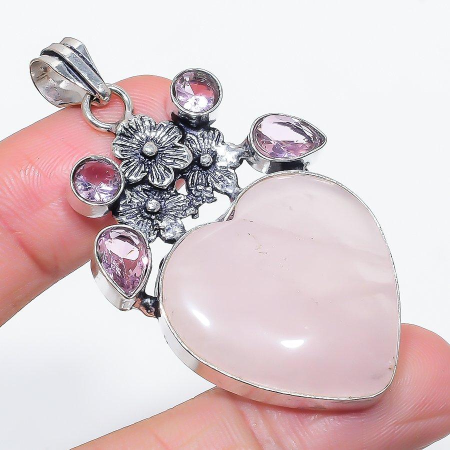 

Natural Rose Quartz, Kunzite 925 Sterling Silver Jewelry Pendant 2.36 a4W30