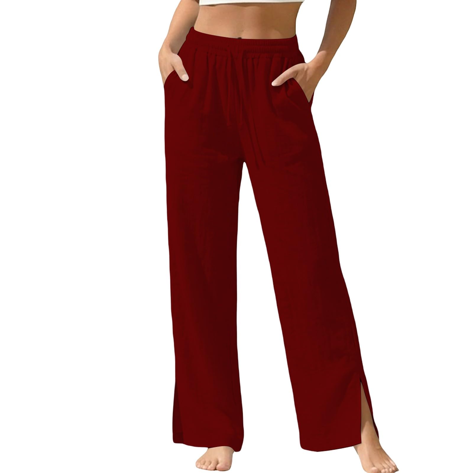 

Women s Casual, Loose-Fit, High-Waisted Cotton-Linen Trousers With Side Pockets XL червоний