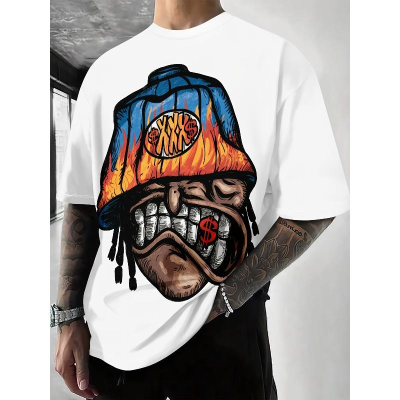 

European sizes Men S Fashion Casual Print Shoulder Short Sleeve T-Shirt | Loose Fit, Crew Neck, Geometric Pattern, All-season, Slight Stretch Fabric 4XL білий