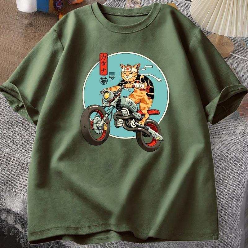 Cat Motorcycle T Shirt Casual Cotton Short Sleeve Tshirt for Women Japanese Style Vintage Graphic Tees Unisexs Clothes Streetwear