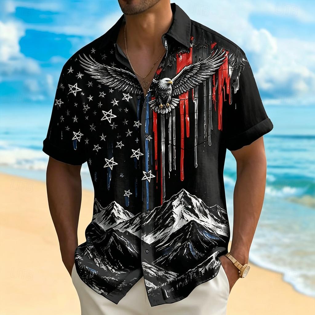 Men's Spring Summer Eagle Mountain American Flag Print Lapel Collar Shirt, Button Front Loose Retro Outdoor Casual Blouse