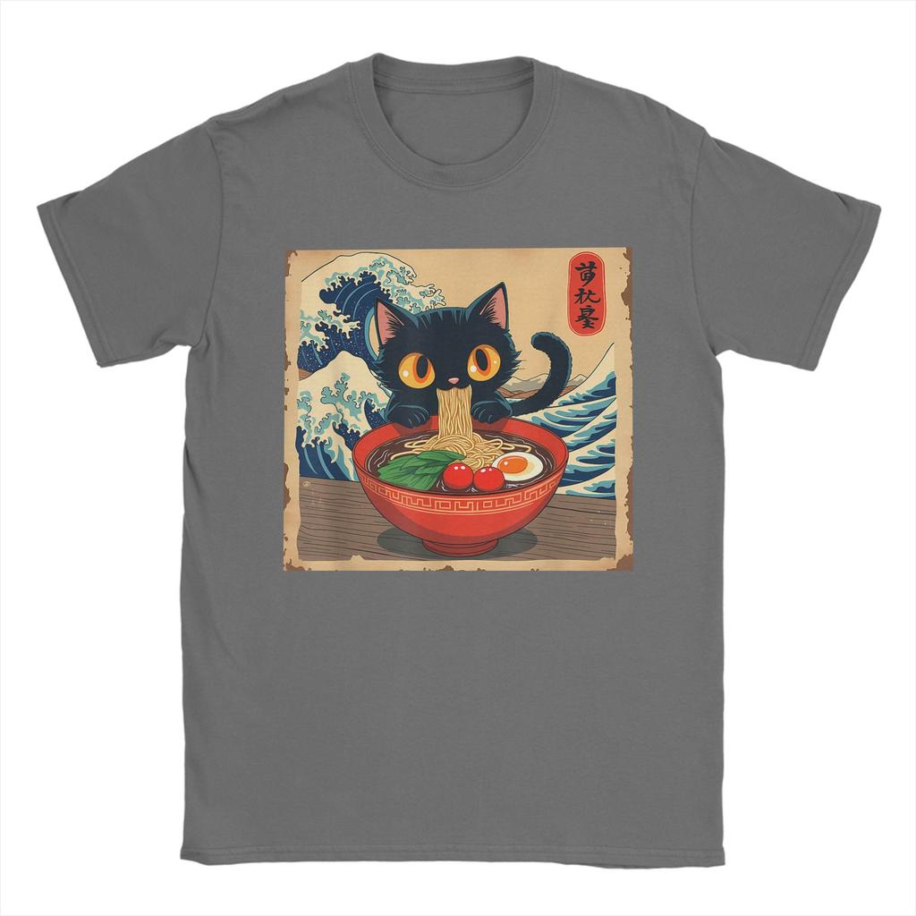 Men T-Shirt Japanese Black Cat Ramen Creative 100% Cotton Tee Shirt Short Sleeve Kawaii Noodle Cat T Shirt Round Neck